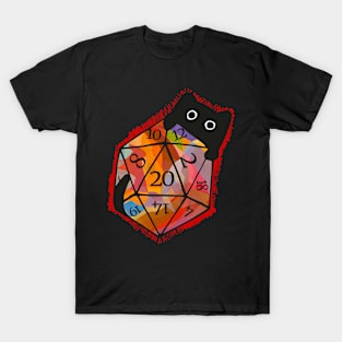 Cute cat behind colorful D20 dice T-Shirt